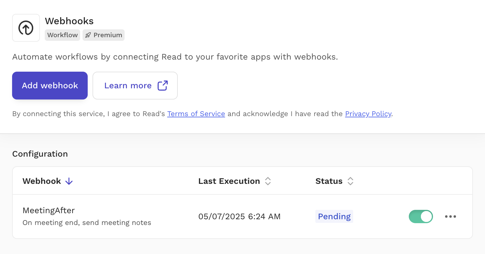 Add MeetingAfter webhook to ReadAI settings