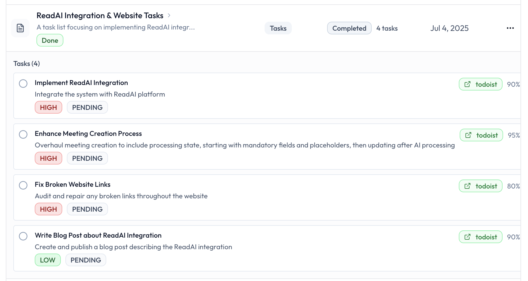 AI-generated tasks from ReadAI transcript in MeetingAfter