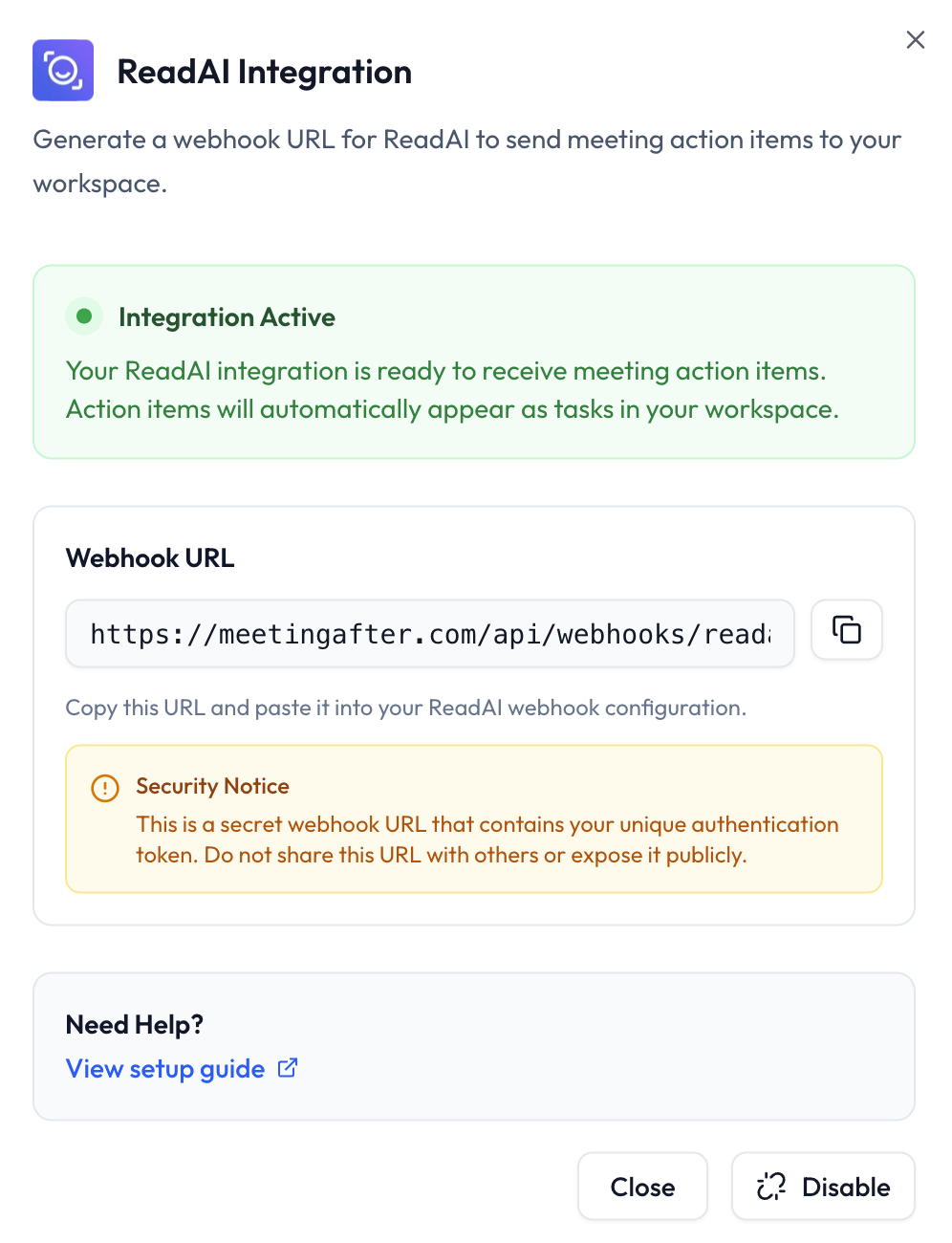 Copy ReadAI webhook URL from MeetingAfter dashboard